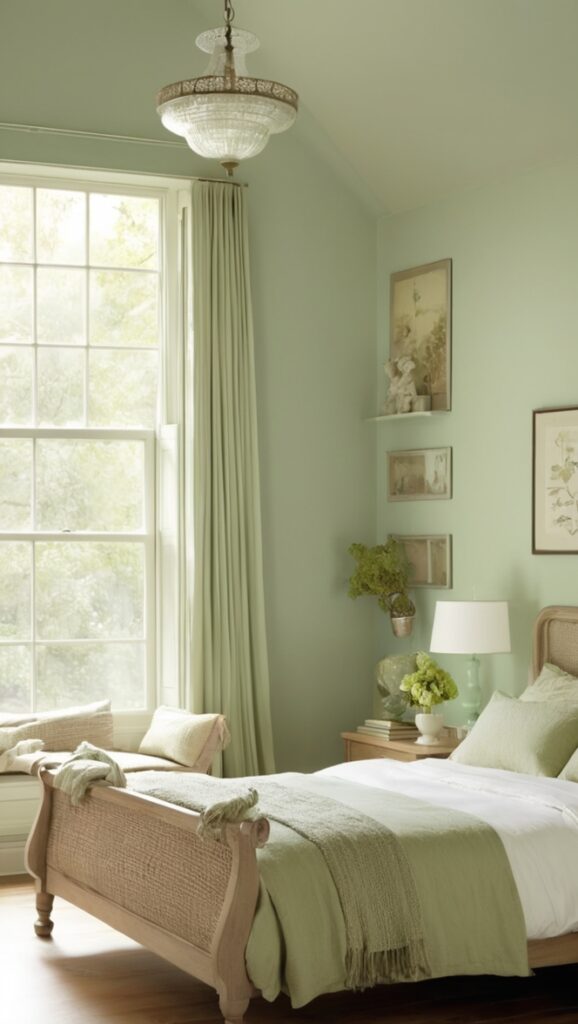 sage green bedroom decor, light green bedding, pastel green room, mint green bedroom ideas, soft green wall paint