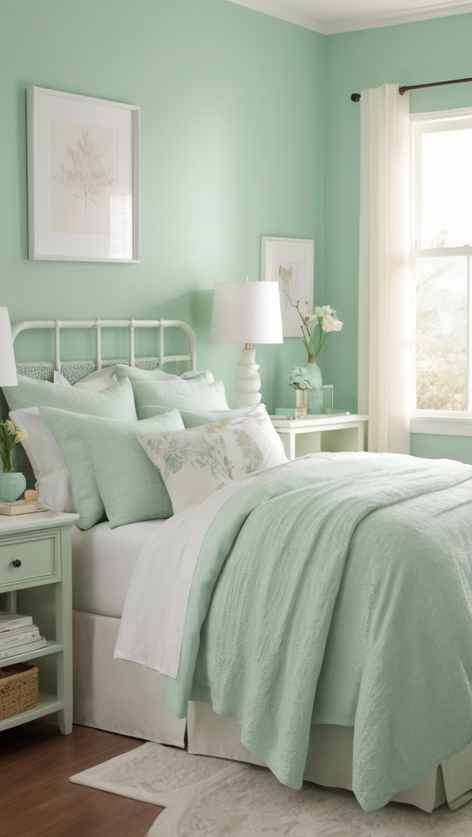 mint green bedding, mint green curtains, mint green decor, mint green wall art, mint green furniture