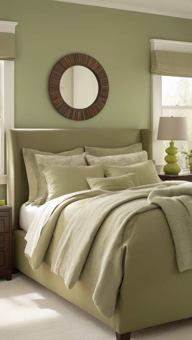 olive green bedding, olive green walls, olive green decor, olive colored bedroom, olive green paint