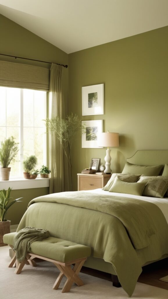 olive green bedding, olive green walls, olive green decor, olive colored bedroom, olive green paint