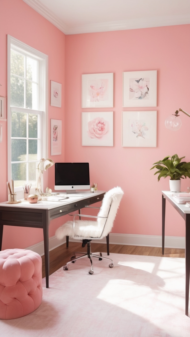 pink office decor, pink office accessories, pink work space, feminine office supplies, blush pink office