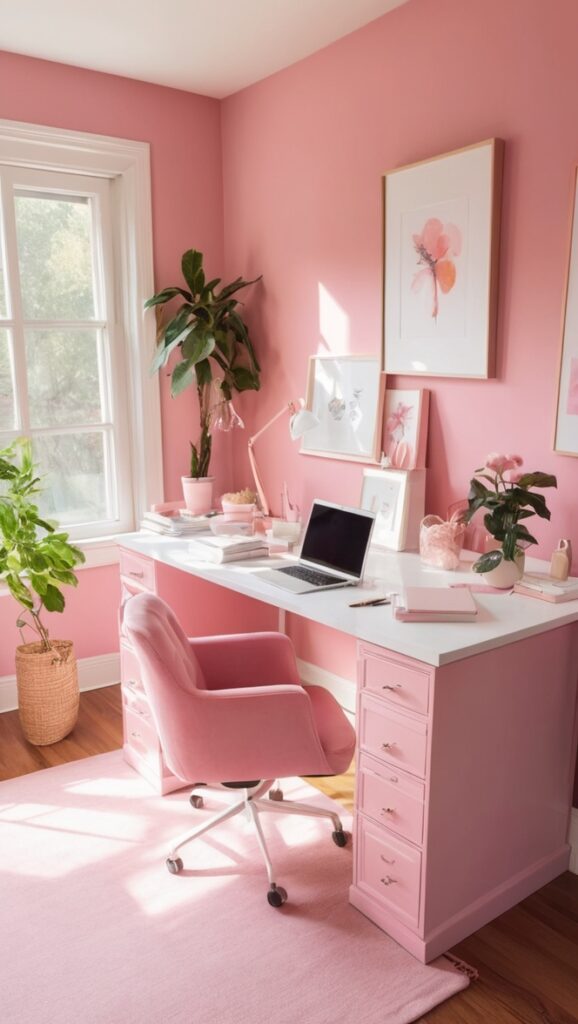 pink office decor, pink office accessories, pink work space, feminine office supplies, blush pink office