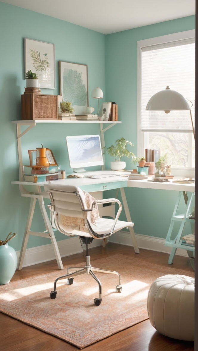 antique desk, vintage office chair, mid-century modern decor, industrial shelving, boho office design