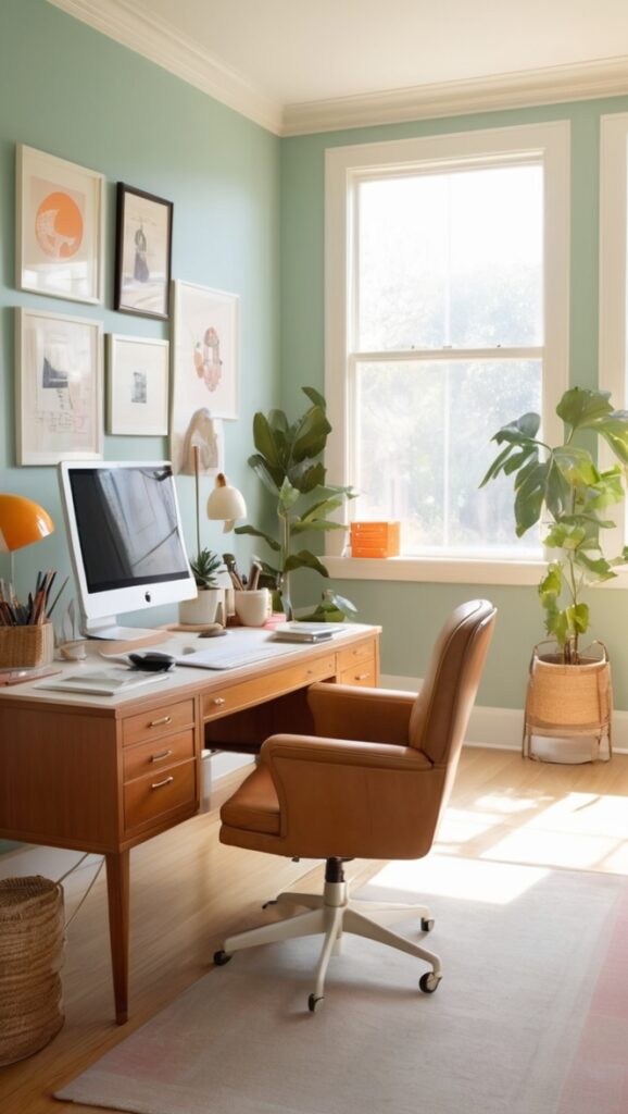 antique desk, vintage office chair, mid-century modern decor, industrial shelving, boho office design