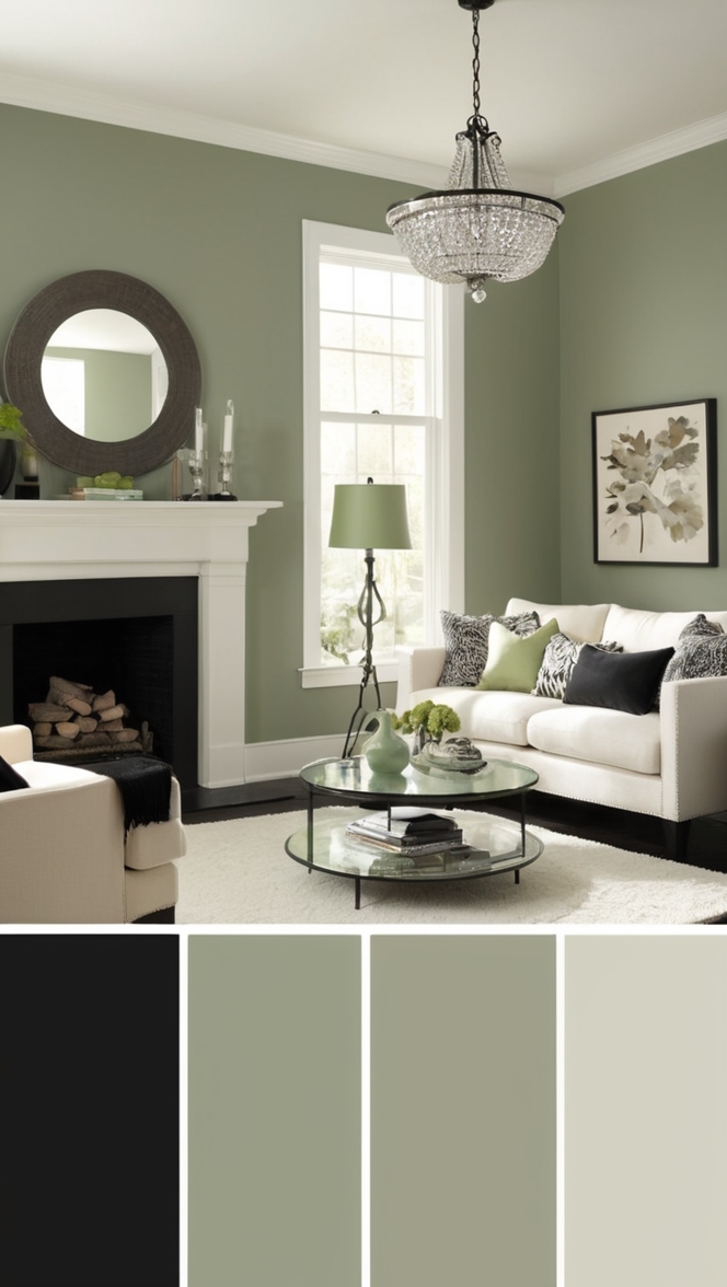sage green paint, sage green room, black living room, green and black decor, sage green accent walls