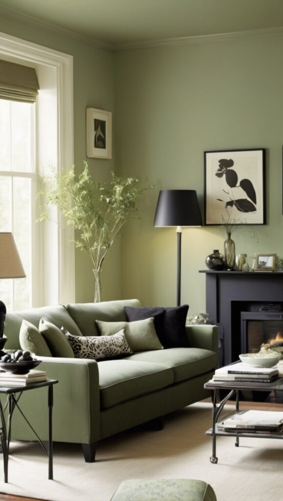 sage green paint, sage green room, black living room, green and black decor, sage green accent walls