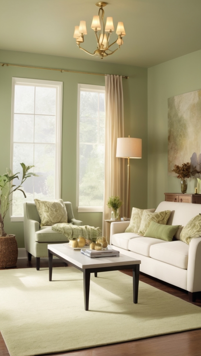 sage green decor, sage green living room, green and gold decor, gold accents, luxury living room