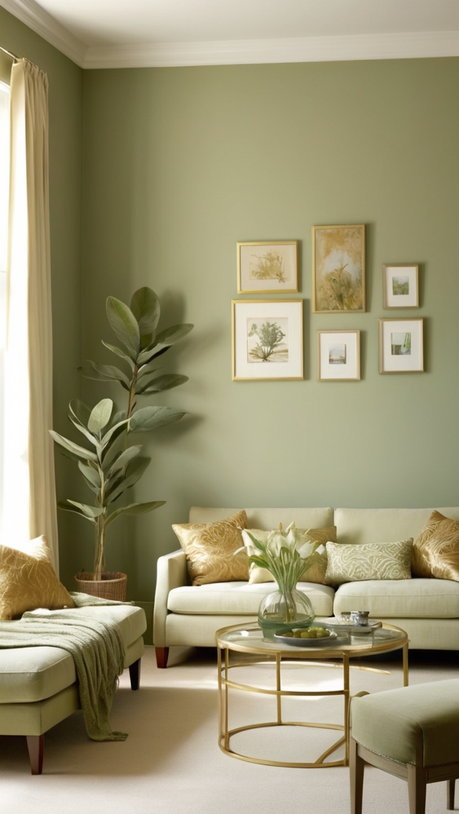 sage green decor, sage green living room, green and gold decor, gold accents, luxury living room 