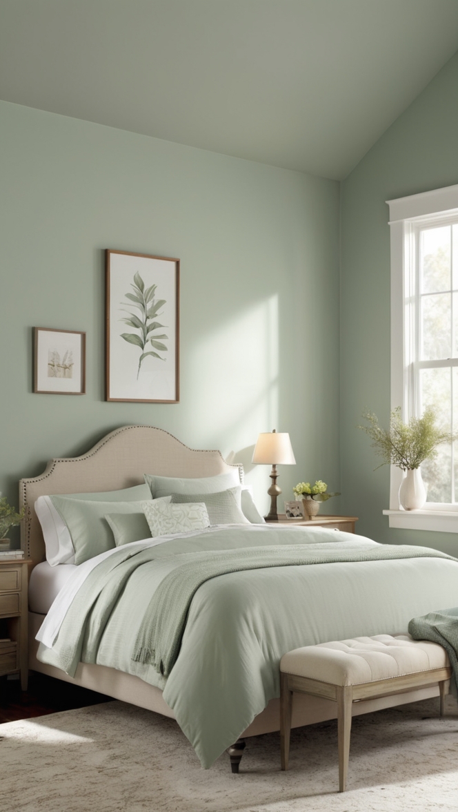 sage green paint, home decor, interior design, bedroom furniture, accent wall