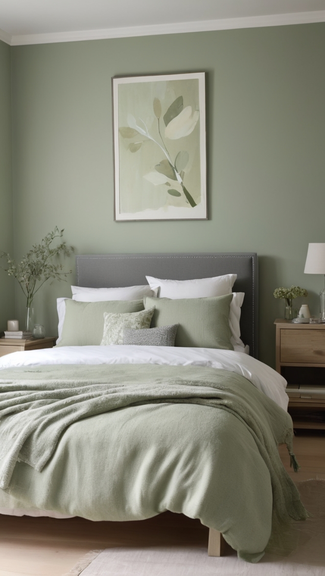 sage green paint, home decor, interior design, bedroom furniture, accent wall 
