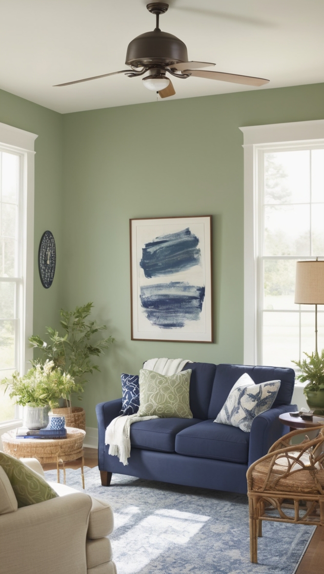 green living room decor, navy blue accents, sage green sofa, modern navy living room, contemporary green and navy palette