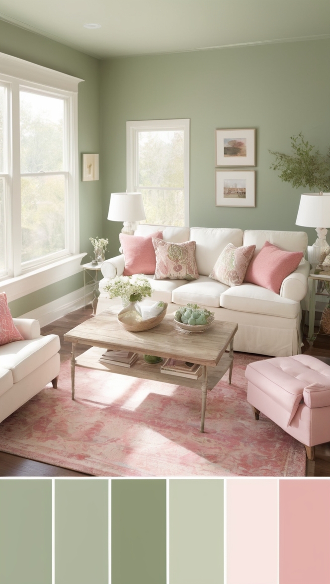 sage green paint color,
pink and green living room, 
pastel green room decor, 
sage green accent wall, 
blush pink interiors