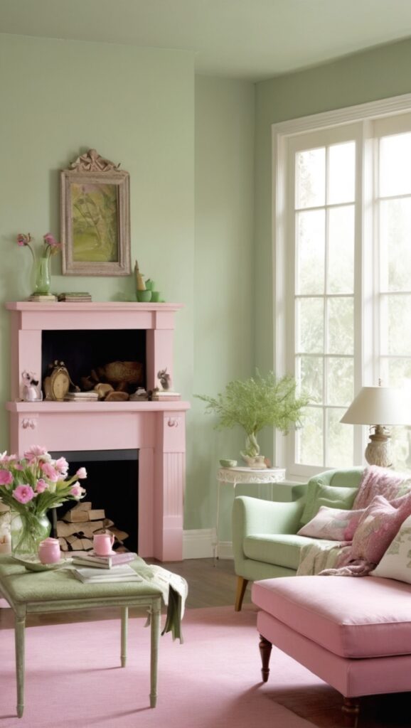 sage green paint color, pink and green living room, pastel green room decor, sage green accent wall, blush pink interiors