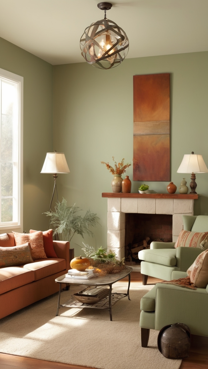 sage green furniture, rust accent wall, earthy color palette, cozy living room decor, natural material furnishings