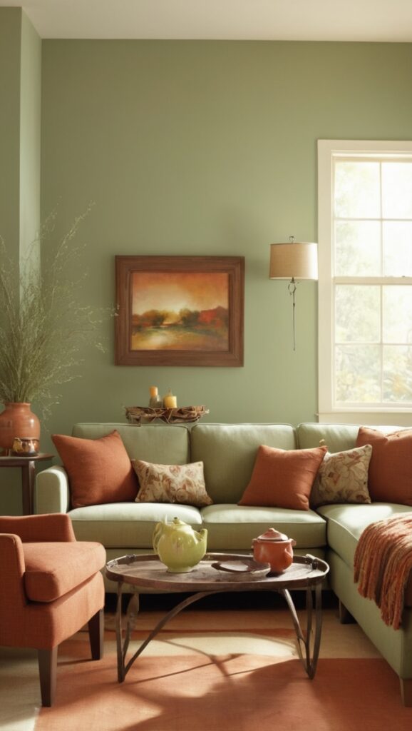 sage green furniture, rust accent wall, earthy color palette, cozy living room decor, natural material furnishings
