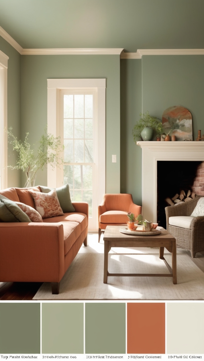 sage green sofa,
terracotta paint, 
modern living room decor, 
interior design inspiration, 
color schemes