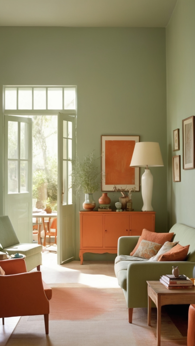 sage green sofa,
terracotta paint, 
modern living room decor, 
interior design inspiration, 
color schemes 
