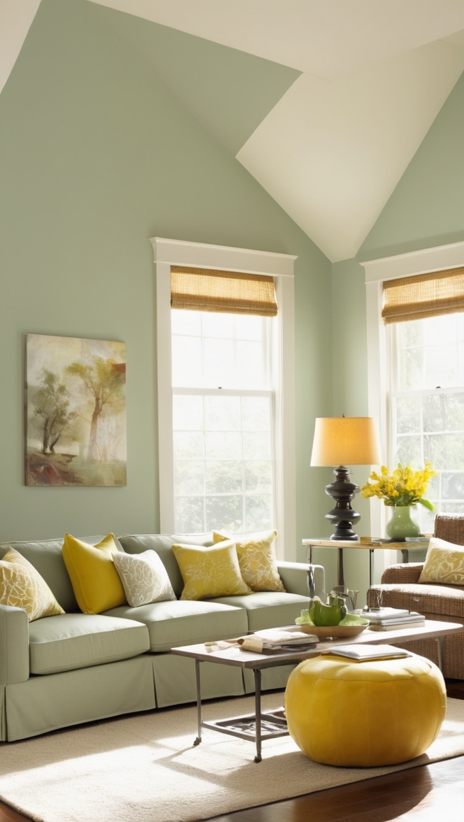 sage green sofa, sage green walls, yellow accents, green decor, modern living room