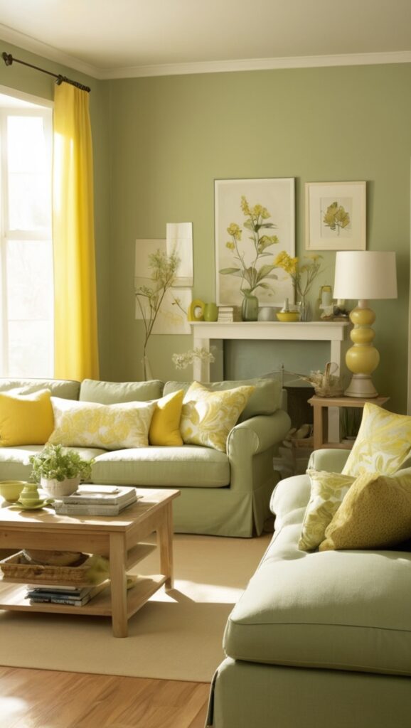 sage green sofa, sage green walls, yellow accents, green decor, modern living room