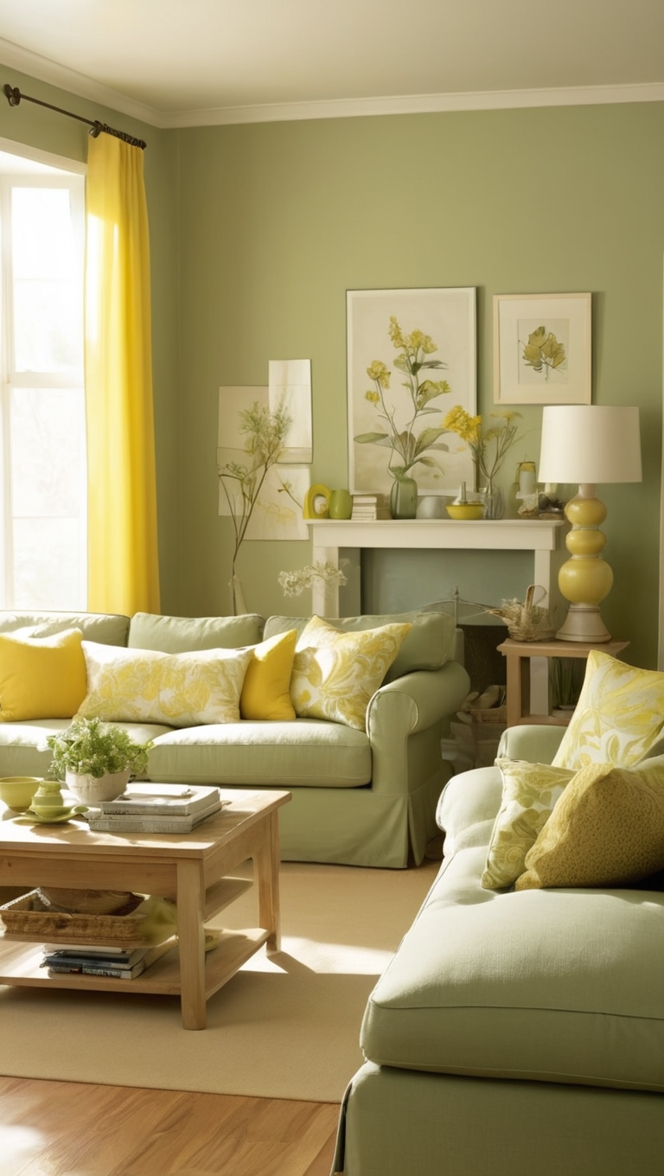 sage green sofa, sage green walls, yellow accents, green decor, modern living room 