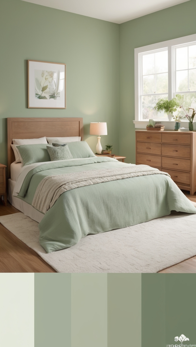 sage green bedding, green bedroom decor, sage green walls, bedroom design ideas, sage green furniture