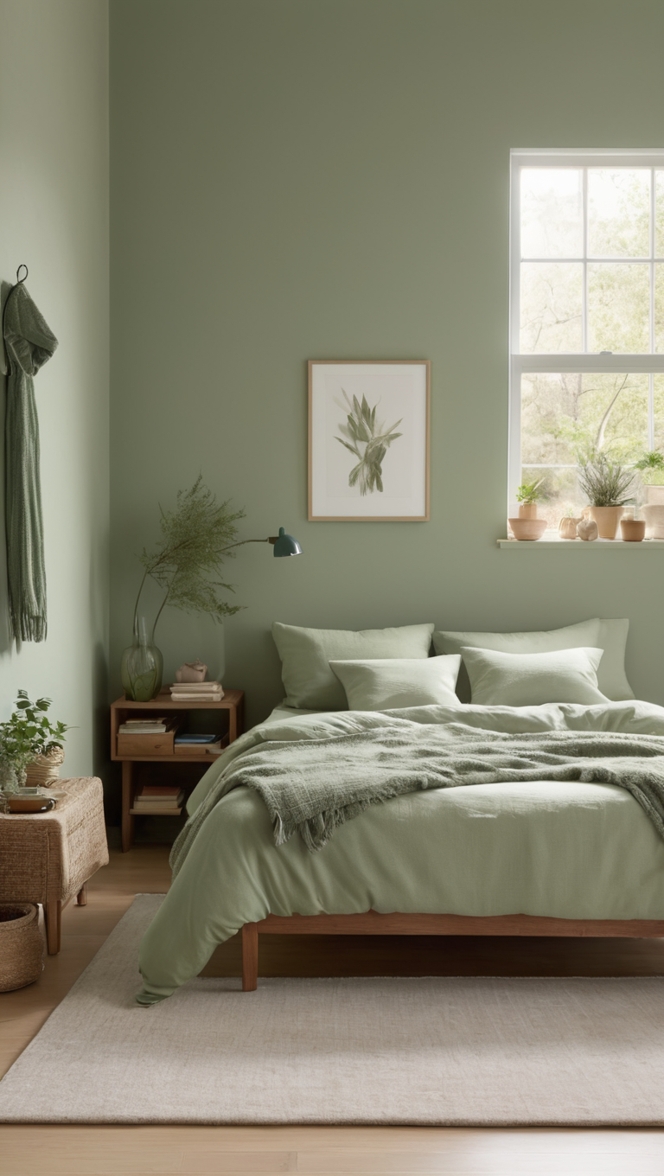 sage green bedding, green bedroom decor, sage green walls, bedroom design ideas, sage green furniture 