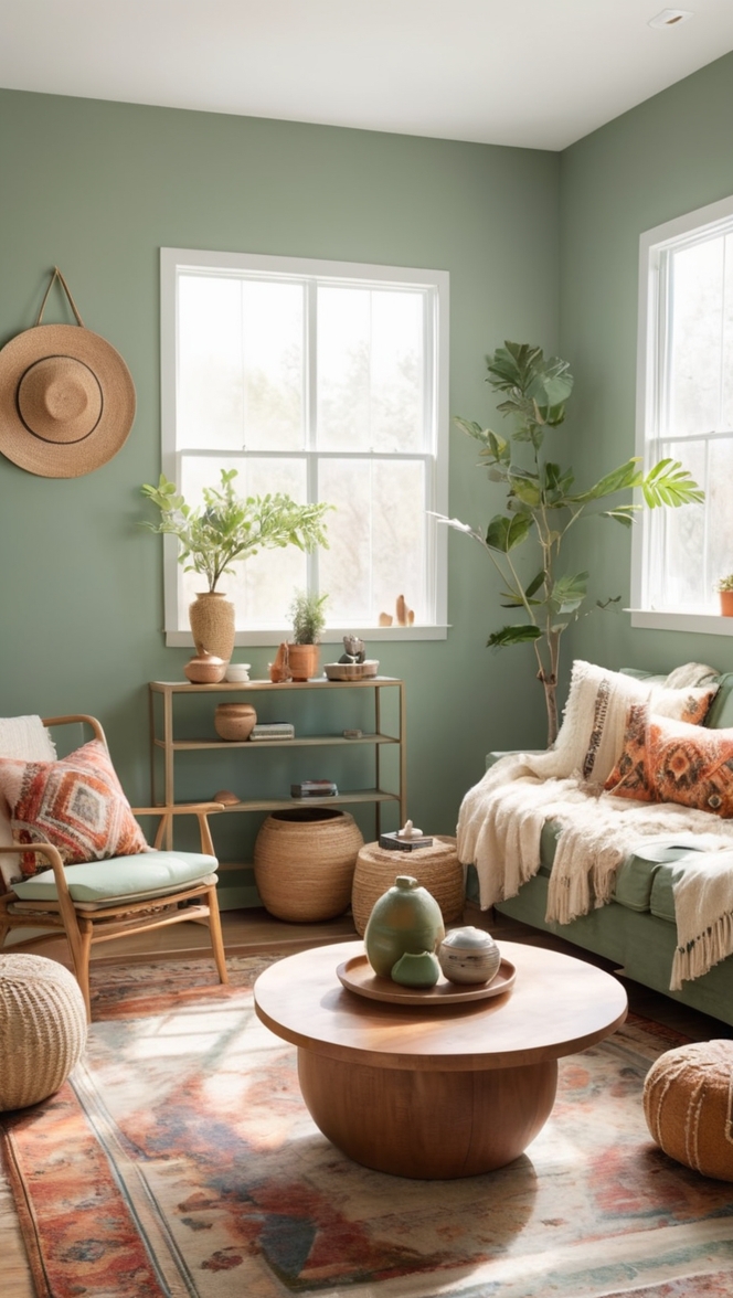 sage green decor, boho living room, green accent wall, natural boho furniture, earthy living room