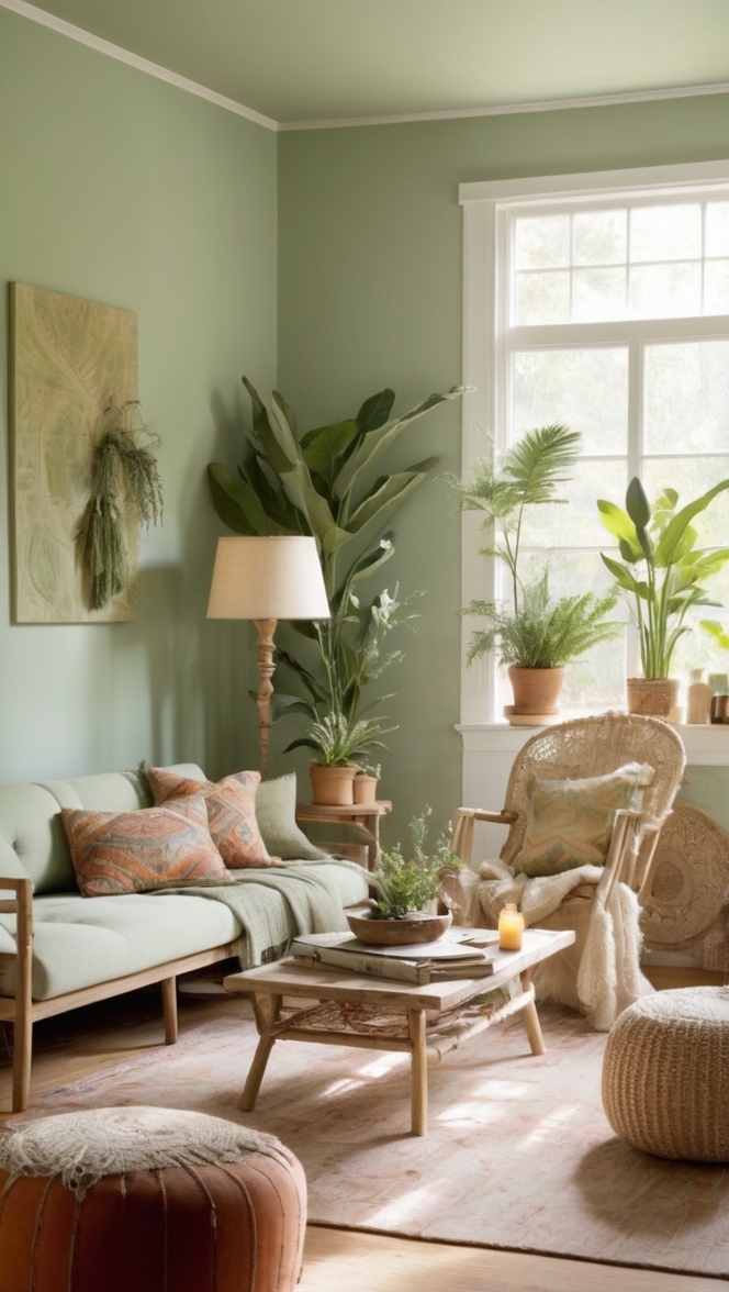 sage green decor, boho living room, green accent wall, natural boho furniture, earthy living room 