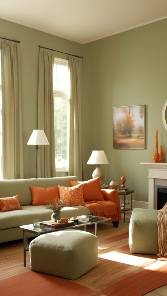 sage green curtains, burnt orange sofa, living room color scheme, sage green walls, burnt orange rug