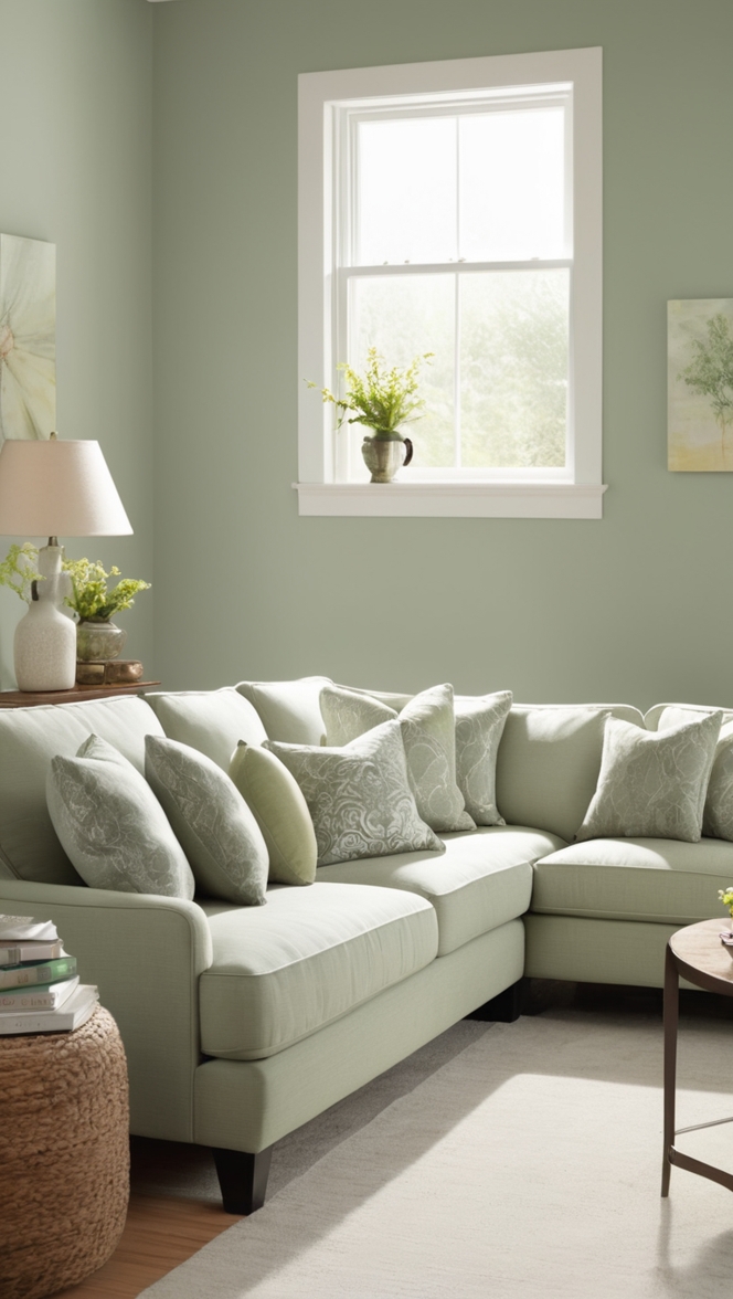 sage green decor, grey living room, sage green walls, grey furniture, sage green accessories