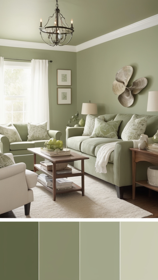 sage green home decor, green living room ideas, sage green interior design, decorating with sage green, green color scheme