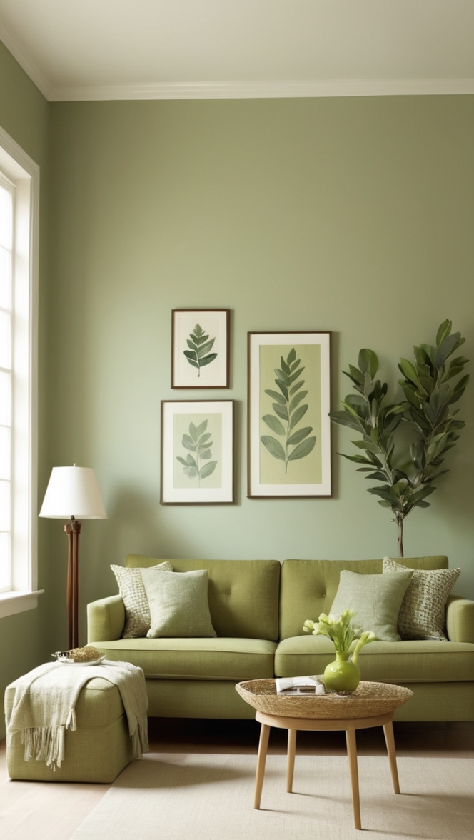 sage green home decor, green living room ideas, sage green interior design, decorating with sage green, green color scheme 