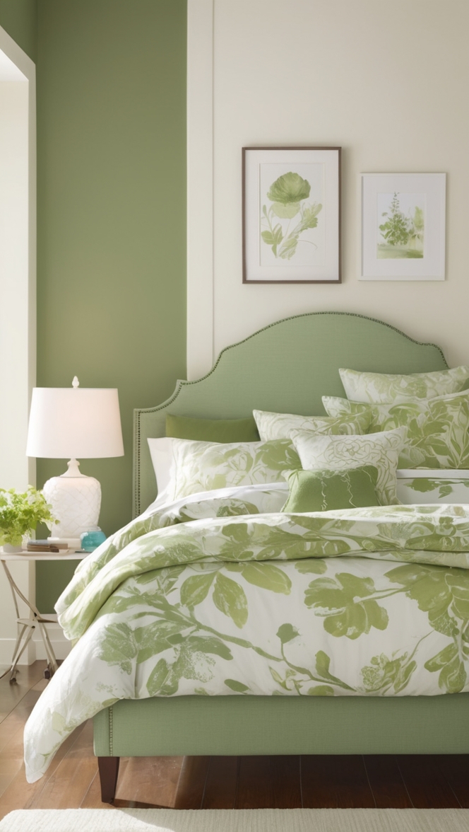 green bedroom decor, white bedroom furniture, bedroom design ideas, green and white bedding, luxury bedroom decor