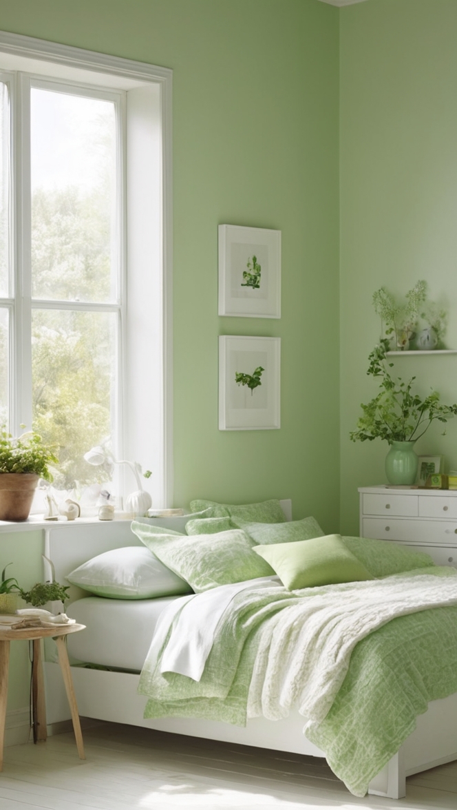 green bedroom decor, white bedroom furniture, bedroom design ideas, green and white bedding, luxury bedroom decor 