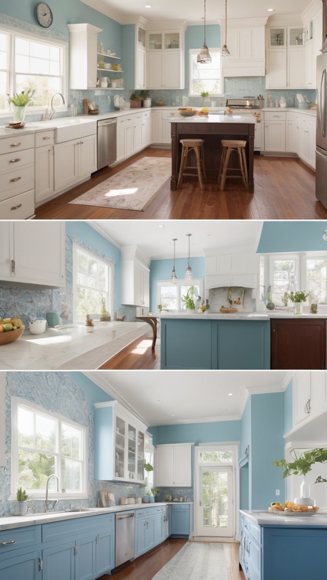 blue kitchen cabinets, navy blue kitchen decor, sky blue kitchen walls, white and blue kitchen tiles, light blue kitchen accessories