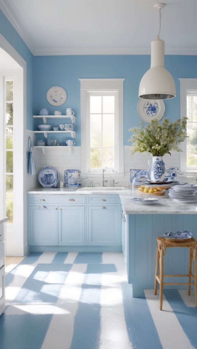 blue kitchen cabinets, navy blue kitchen decor, sky blue kitchen walls, white and blue kitchen tiles, light blue kitchen accessories 