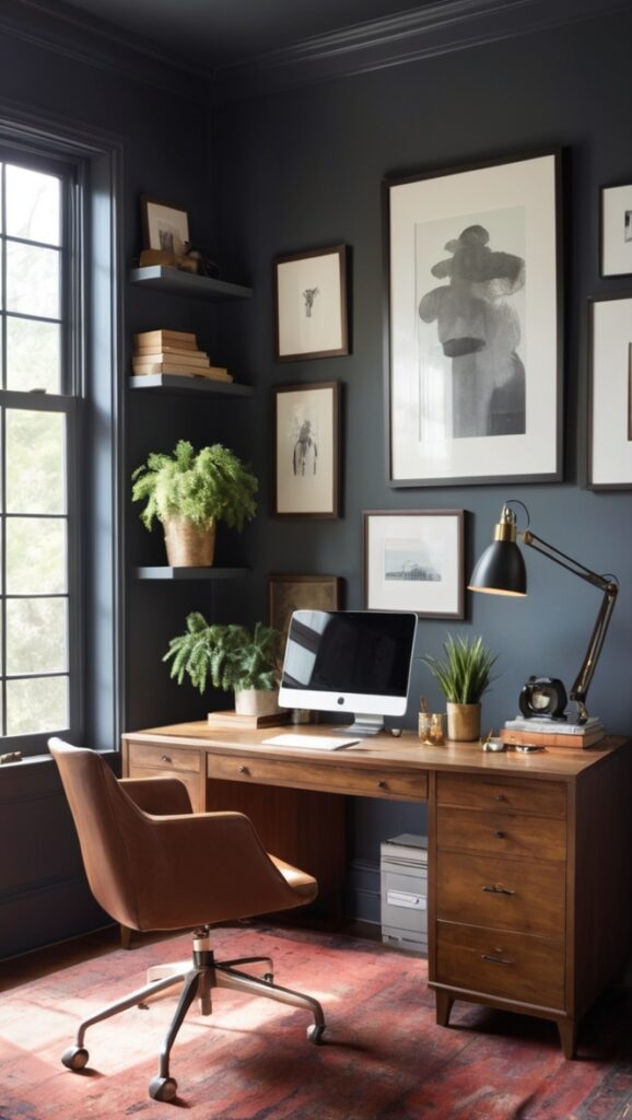 moody home office decor, masculine office design, home office ideas, dark office interior, masculine workspace design