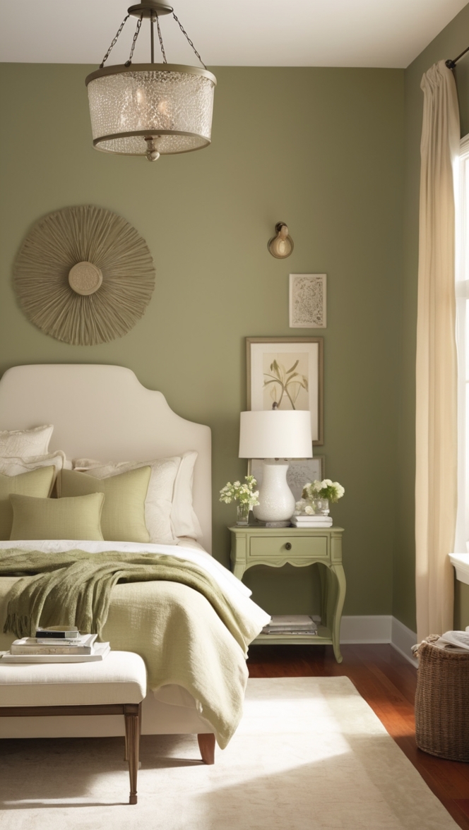 olive green paint, beige and green bedroom decor, olive green bedding, beige and olive green color scheme, olive green accent wall