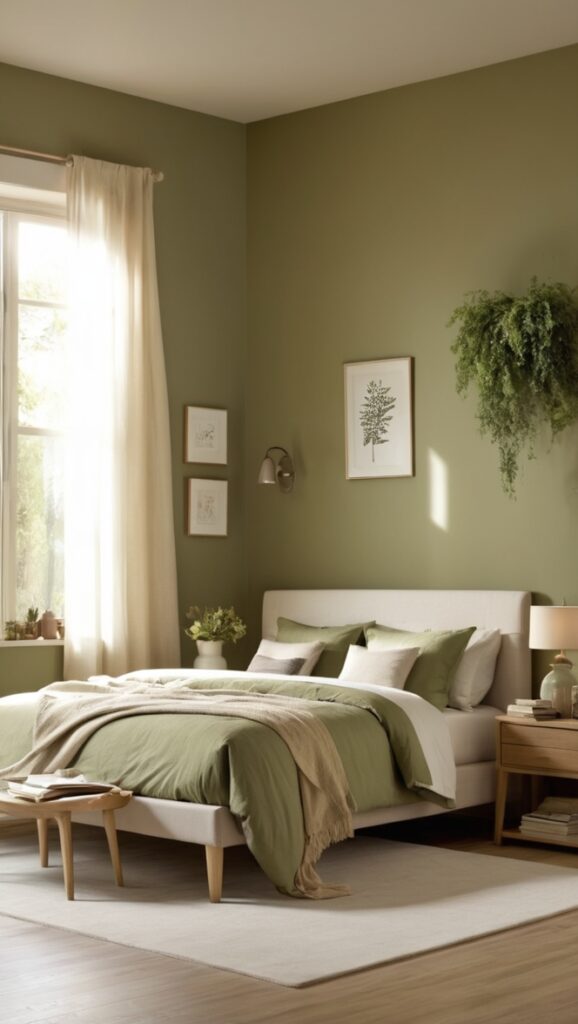 olive green paint, beige and green bedroom decor, olive green bedding, beige and olive green color scheme, olive green accent wall