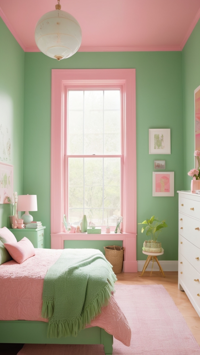 pink and green bedroom decor, pink and green room ideas, girly bedroom design, vibrant bedroom color scheme, modern bedroom aesthetic