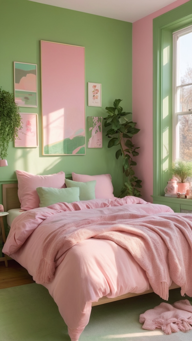 pink and green bedroom decor, pink and green room ideas, girly bedroom design, vibrant bedroom color scheme, modern bedroom aesthetic 