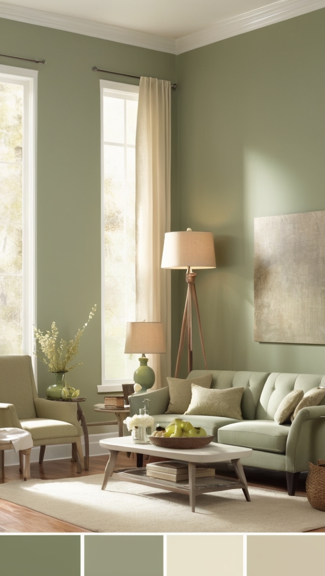 sage green sofa , sage green walls , beige curtains , sage green decor , beige furniture
