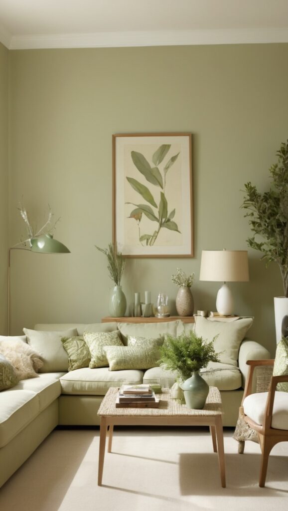 sage green sofa , sage green walls , beige curtains , sage green decor , beige furniture