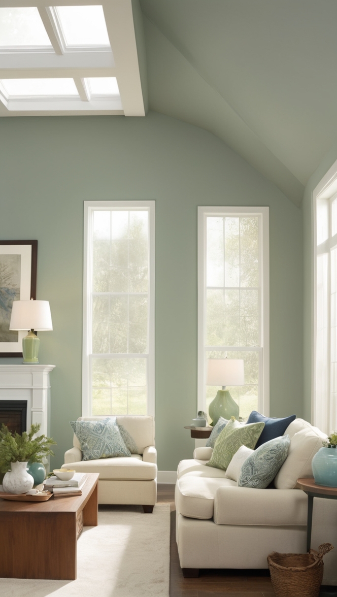 sage green sofa, blue velvet armchair, living room decor, interior design ideas, wall art arrangement