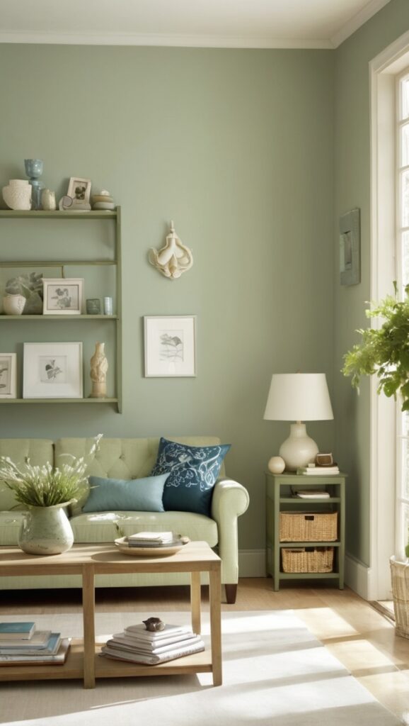 sage green sofa, blue velvet armchair, living room decor, interior design ideas, wall art arrangement