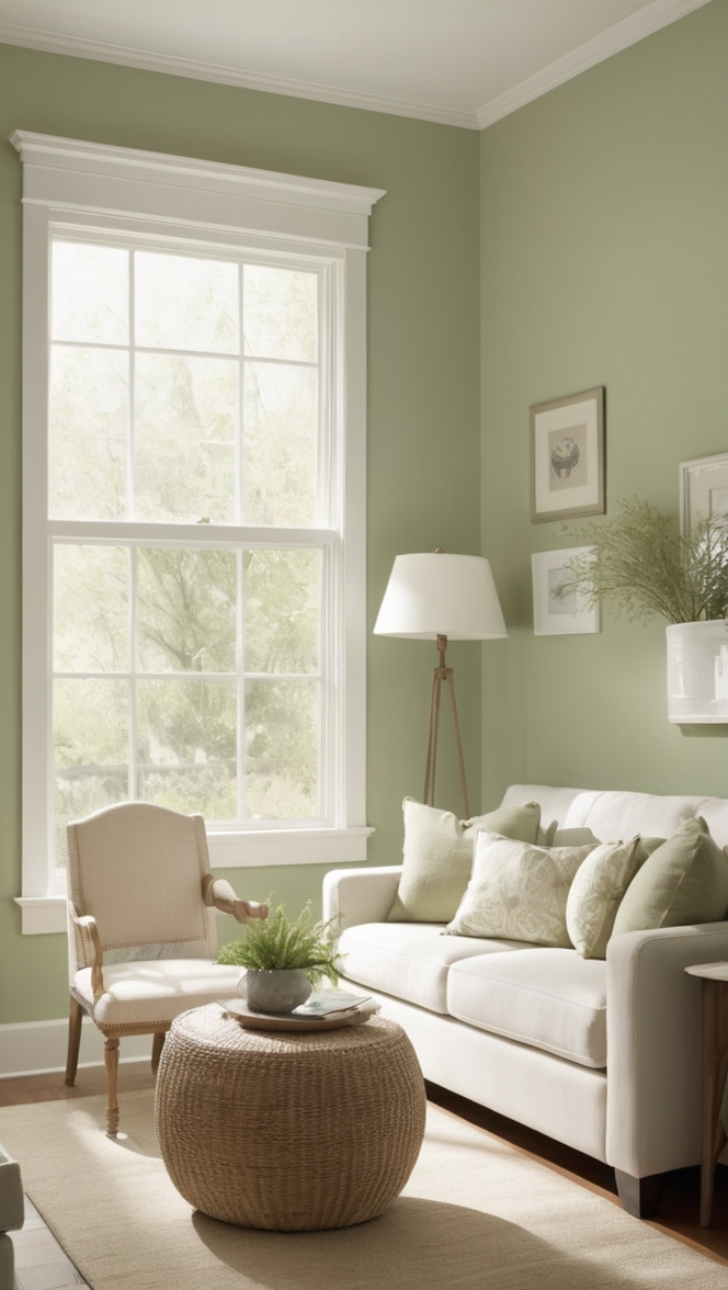 sage green decor, white sofa, living room design, home decor, interior design