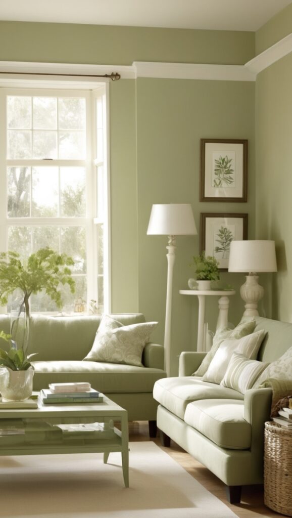 sage green decor, white sofa, living room design, home decor, interior design