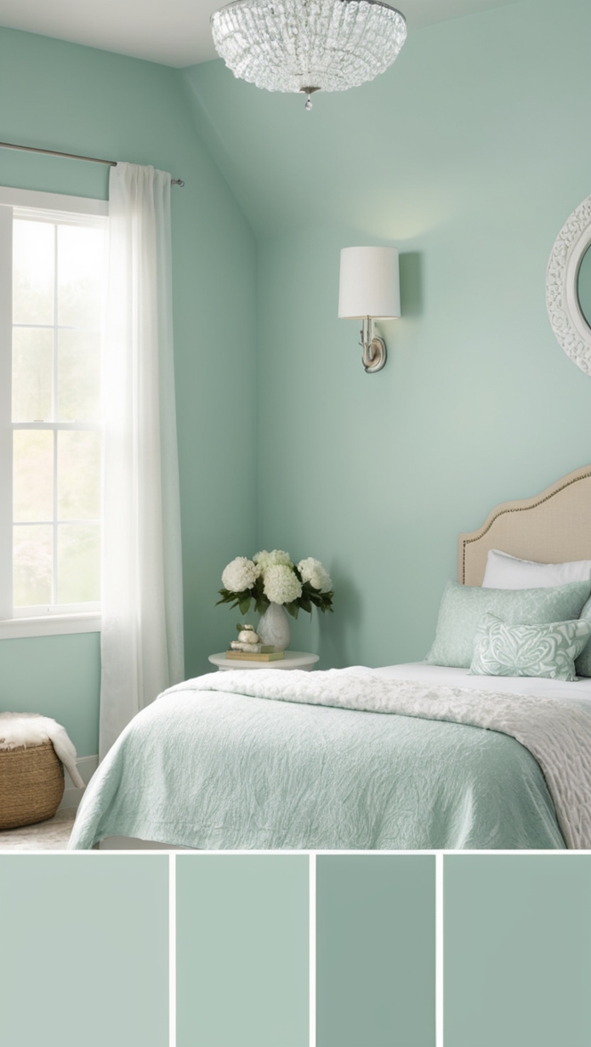 seafoam green paint, seafoam green bedding, seafoam green curtains, seafoam green decor, seafoam green walls