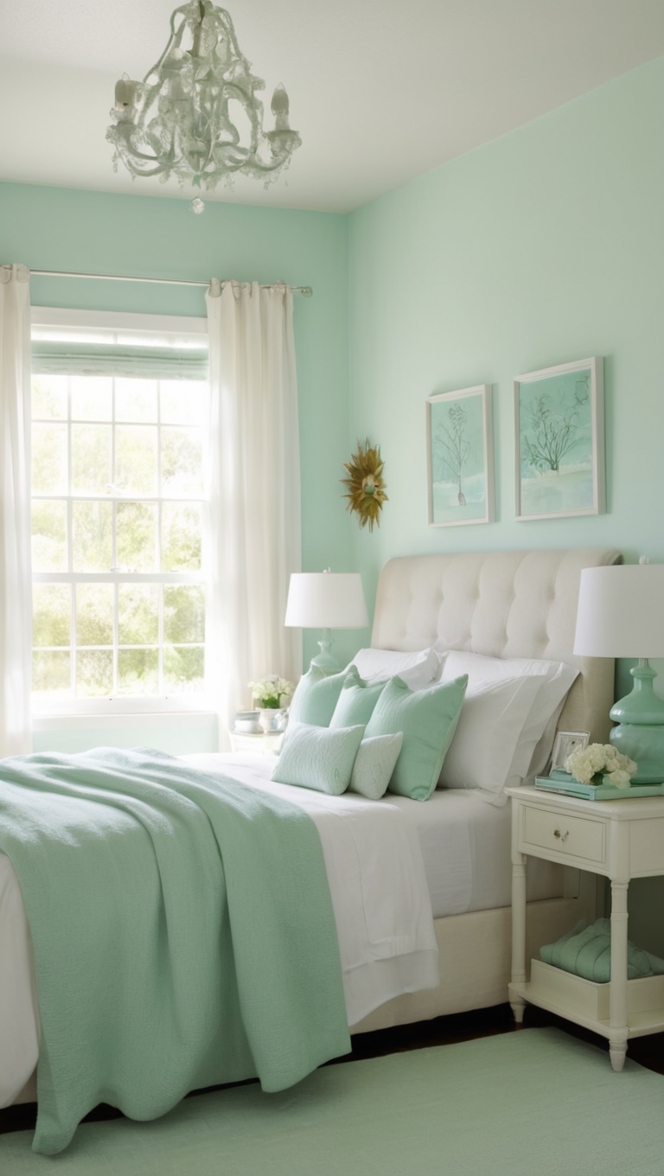 seafoam green paint, seafoam green bedding, seafoam green curtains, seafoam green decor, seafoam green walls 