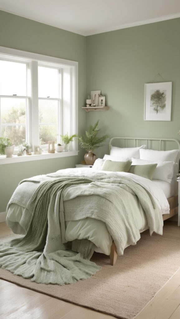 white bedroom decor, green bedroom ideas, sage green bedding, elegant green bedroom, minimalist white bedroom